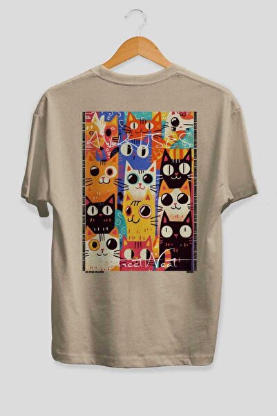 Ankhises 42 Cats for the Sake of Cats Printed Beige Oversize T-Shirt 100% Cot...