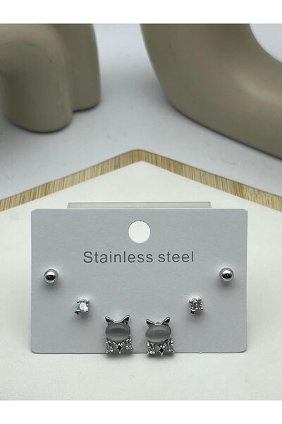 BİJU YILMAZ 26Clk18 Silver Steel Earring Set with Cat Detail