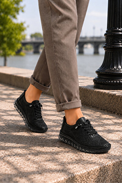 SEFERİ Women's Black Genuine Leather Flexible Lace-Up Sneakers - Comfortable ...