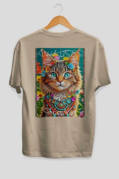 Ankhises For the Love of Cats 93 Cat Printed Beige Oversize T-Shirt 100% Cott...