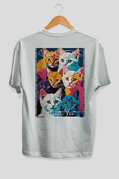 Ankhises For the Love of Cats 20 Cats Printed White Oversize T-Shirt 100% Cot...