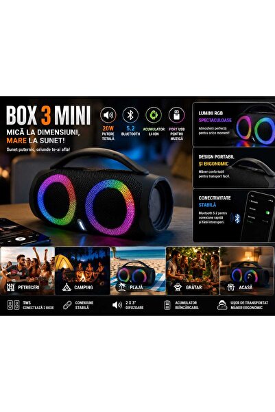 OEM Portable Bluetooth Speaker BOX 3 Mini, 20W, RGB LED, Bluetooth 5.2, USB, ...
