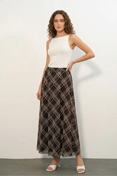 Efnaz style Women's Striped Patterned Chiffon Dark Brown Skirt