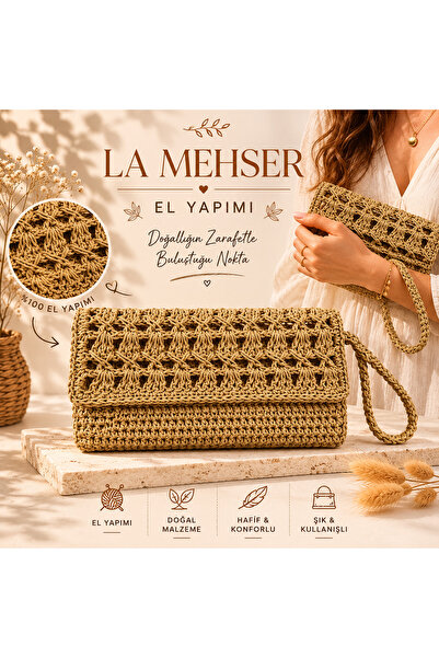 LA MEHSER Hand Knitted Straw Double Compartment Hand Bag