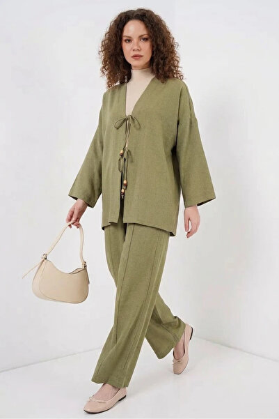 buğrahayalin Women's Kimono Collar Viscose Green Double Set