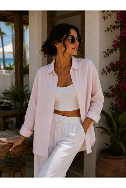 BAHNUR Women's Powder Pink and White Striped Muslin Shirt - Fully Fitted, Bre...