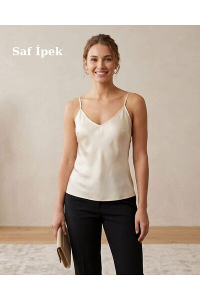 Pure Silk Atelier %100 Saf İpek İp Askılı Bluz V Yaka Saten Dokulu Premium Si...