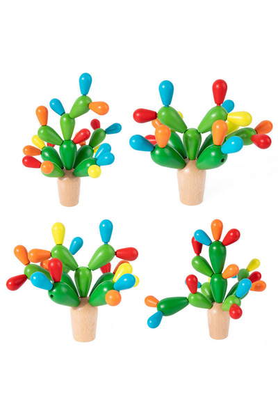 SergadiOnline.ro Joc Creativ Cactus din Lemn, Piese Colorate pentru Constructie si Echilibru, Copii 3+ Ani