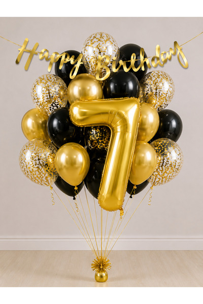 Balonsan -7- Golden Happy Birthday Banner Themed Balloon Bundle 15 Pieces