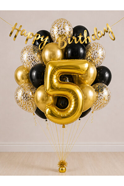Balonsan -5- Golden Happy Birthday Banner Themed Balloon Bundle 15 Pieces