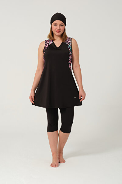 İKSUN Battal Size Half Closed Swimsuit Set Black Patterned Plus Size Women's ...