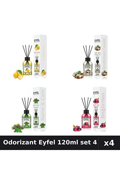 Eyfel Set 4 Odorizant Camera Betisoare 120ml - Lămâie, Nucă, Pin Mentă, Fructe
