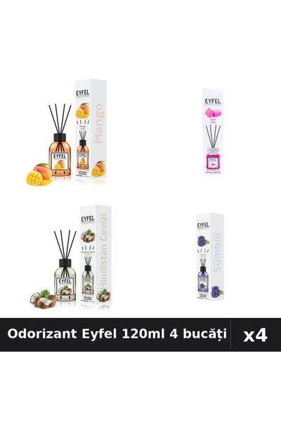 Eyfel Set 4 Odorizant Camera Betisoare 120ml - Mango, Bubble Gum, Nucă, Zambile