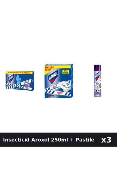 Aroxol Set 3 Spray Insecticid 250ml + Pastile Anti-Insecte 60 buc - Protectie...