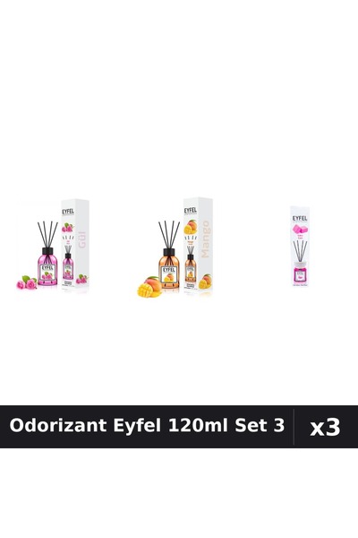 Eyfel Set 3 Odorizant Camera Betisoare 120ml - Trandafir, Mango, Bubble Gum