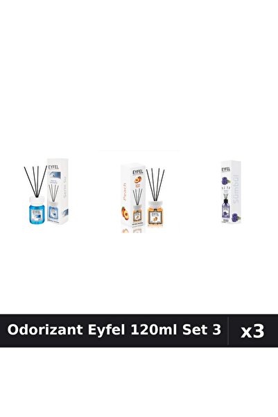 Eyfel Set 3 Odorizant Camera cu Betișoare 120ml - Cool Water, Piersică, Zambile