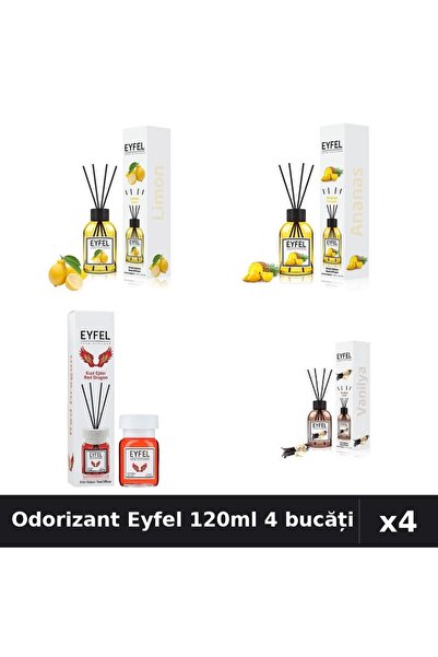Eyfel Set 4 Odorizant Camera Betisoare 120ml - Lămâie, Ananas, Red Dragon, Va...
