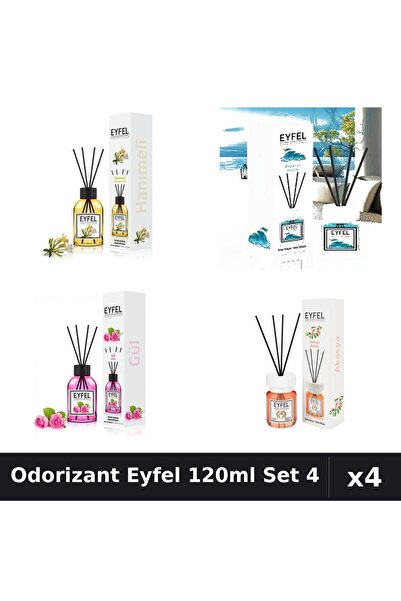 Eyfel Set 4 Odorizant Cameră Betișoare 120ml - Acacia, Ocean, Trandafir, Mâna...