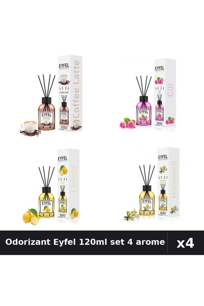Eyfel Set 4 Odorizant Camera Betisoare 120ml - Cafea, Trandafir, Lămâie, Mână...