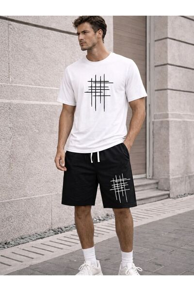 YK WEAR 2022.5 Unisex Oversize Shorts T-Shirt Set – Minimal Line Patterned Su...