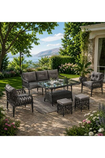 Evdesa Joy Rattan Puflu Bahçe Balkon Takımı 3+1+1 Antrasit