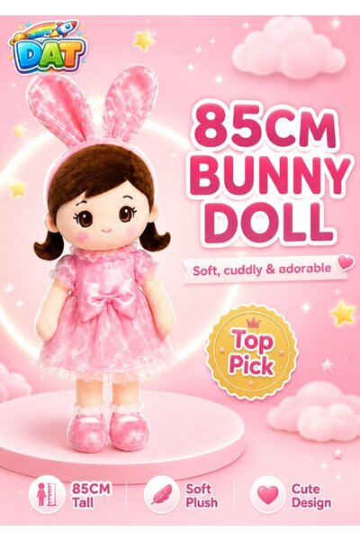 DAT Soft Plush Doll with Plaid Bunny Ears, Braided Hair & Pastel Dress 85cm –...