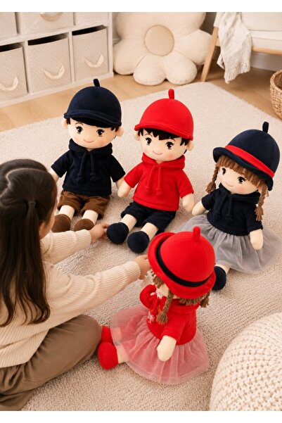 DAT Streetwear Style Plush Girl Doll 85cm Soft Stuffed Toy with Cap & Jacket Outfit – Red & Black