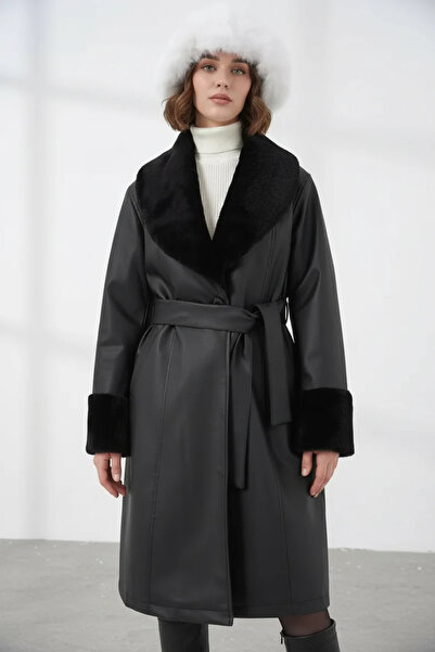 Şeker Portakalım Women's Wide Collar Belted Fur Sleeve Black Coat