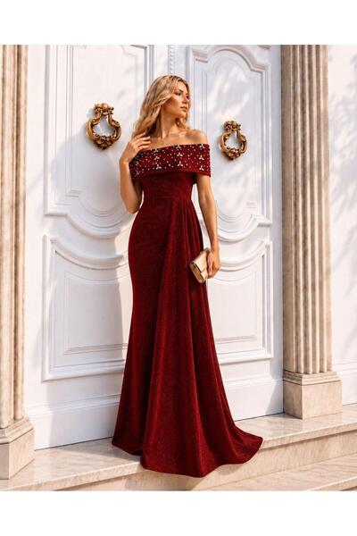 Modafeminen Red Off-Shoulder Long Evening Dress Flowres Fabric 583405