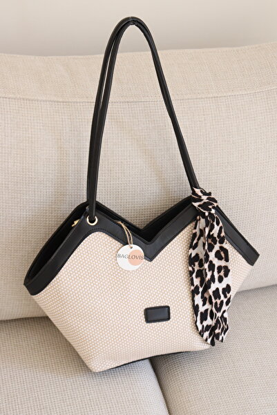 BAGLOVİS Women's Scarf Shoulder Bag Straw Textured Large Daily Tote Bag En41 ...
