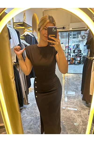 gold düğmeli kahve vatkalı kalem elbise