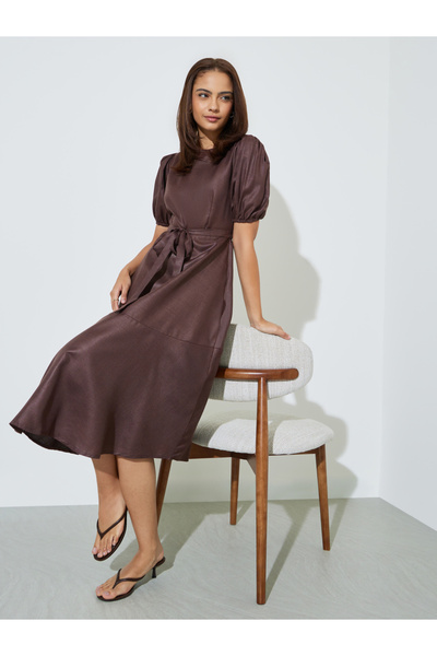 Styli Brown A-Line Midi Dress with Puff Sleeves