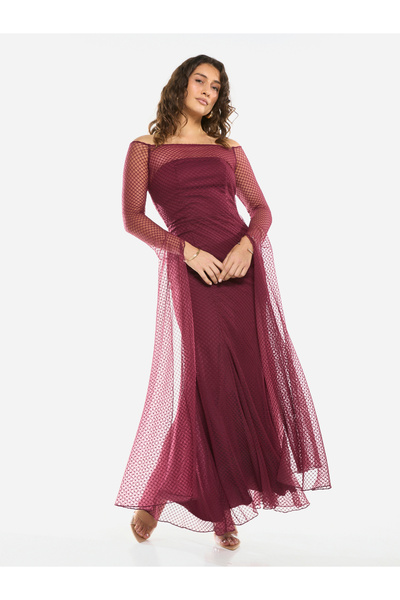 House of Moda By Styli Sheer Overlay Off-Shoulder Maxi Dress