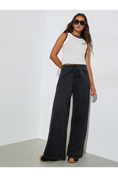 Styli Black Wide Leg Joggers with Drawstring