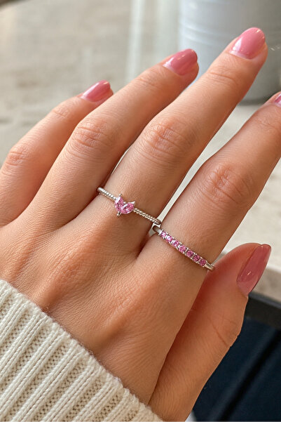The Collection 2-Piece Pink Heart and Row Stone Adjustable Women's Ring Set (...