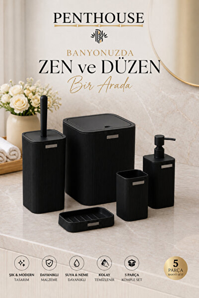 Penthouse Square Striped 5-Piece Bathroom Set Trash Can Toilet Brush Liquid S...