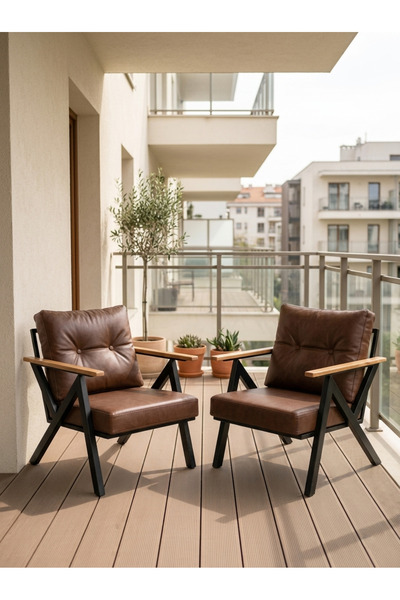 Azra Aksesuar Acı Kahve Venedik Model 2 Adet Balkon Berjer Takımı Siyah Metal...