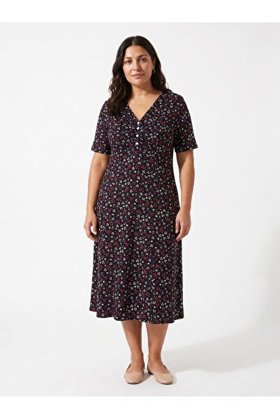 Kadın Büyük Beden Midi Elbise Çiçek Desenli V Yaka Kısa Kollu Düğmeli