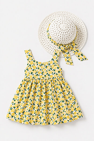 UmBaby Limon Desen Minnoş Askılı Fiyonk & Şapkalı Yazlık Kız Bebek Elbise 6/2...