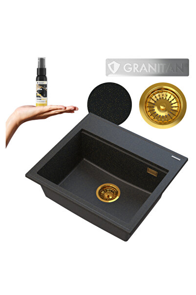 Granitan Pachet Chiuveta Granit Foxal Negru 56.5x50.5 cm, cu sifon auriu si i...