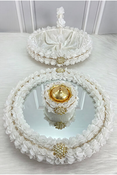 ZEYMERADE White Henna Night Tray Basket Bridal Set, Brooched Floral Mirrored ...