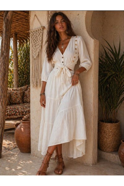 LOKADI Women's Seashell Tied Crinkled Set Bohemian Skirt Blouse Combination