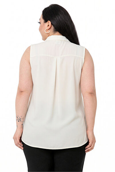 DISENTIS MODEST Plus Size Covered Button Sleeveless Ecru Shirt with Side Slits