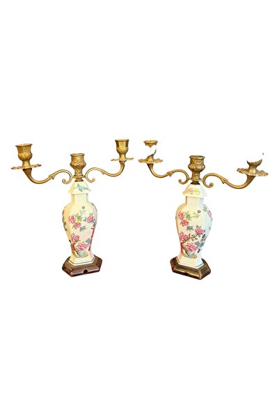 tayfuntufan 27 cm boylarında Fransız bronz detaylı porselen şamdan çifti