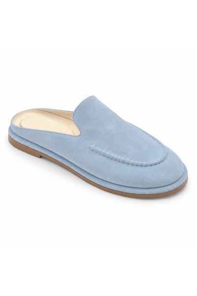 a ayak&kabım official Mule Genuine Leather Blue Suede Women's Slippers Comfortable Fit Daily Lightweight Women's Shoes
