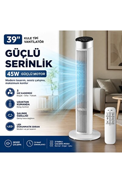 SMAYLİNG 39 İnç Kule Tipi Vantilatör, Uzaktan Kumandalı, 45W Güçlü Motor, 3 H...