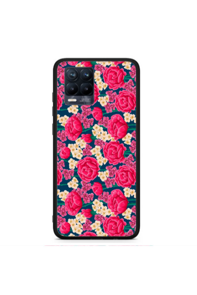 Other Realme 8 Red and pink Flowers Black Glossy Θήκη