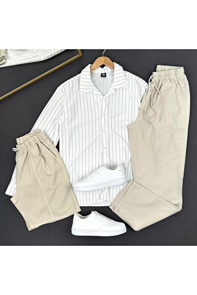 THEGENTMAN Striped Crepe Shirt Linen Shorts Linen Baggy Pants 3-Piece Set