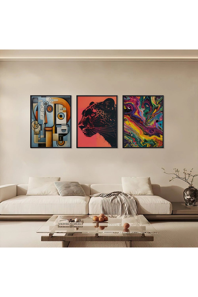 KOLAJTASARIM Kübist Panter Akışkan Sanat Siyah Çerçeveli 3'lü Ahşap Tablo Seti