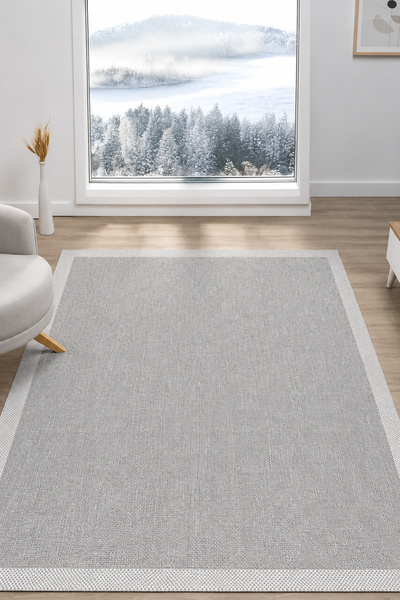 VİTALİHOME Sisal Prime Gri Krem Mavi İskandinav Yıkanabilir Bordürlü Halı Kil...
